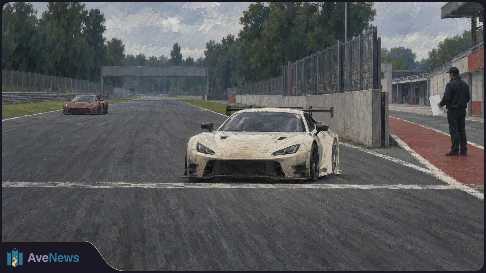 Painterly view of a white race car on a track beside the pit lane, a red race car farther back, and a person holding papers by the garages. SI illustration