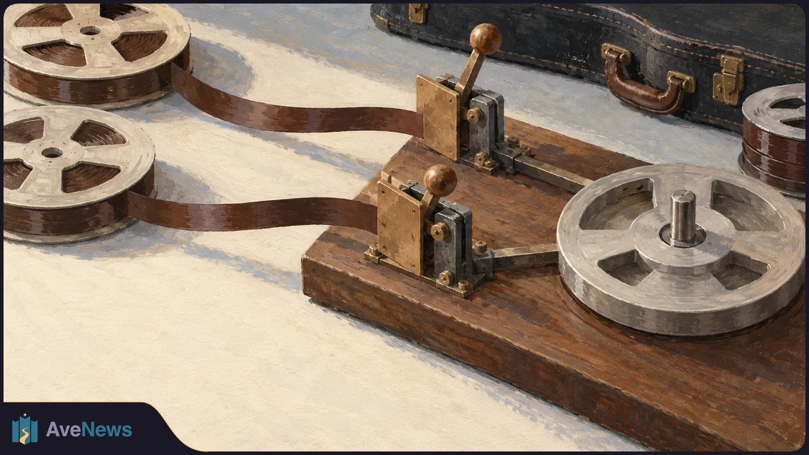 Painterly illustration of brown tape running from two reels through levers on a wooden device toward a large metal reel, with a black case behind it. SI illustration