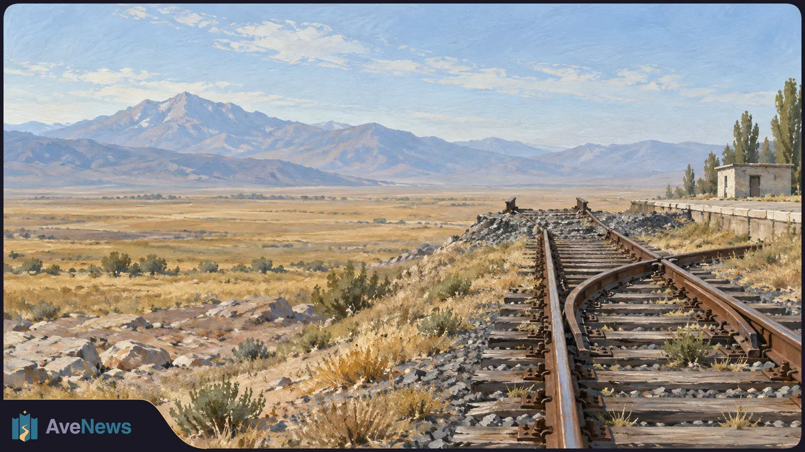 A painted mountain plain with rusted railway tracks that split and end at a rubble-covered embankment beside a small building. SI illustration