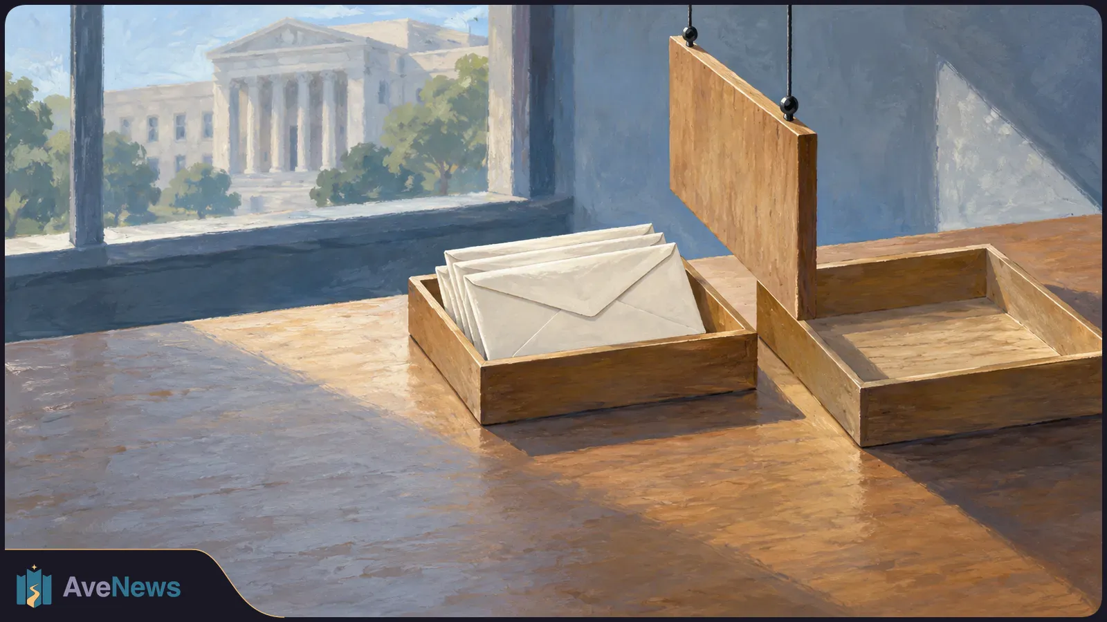 Illustration of envelopes in a wooden tray beside an empty tray and a hanging wooden panel, with a columned building visible through a window. SI illustration