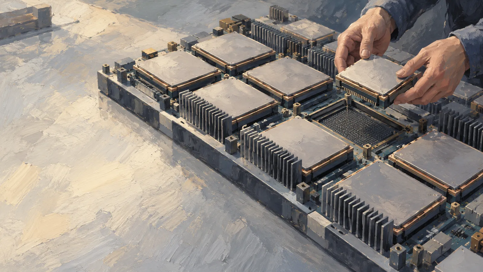 A painted illustration of hands holding a square chip above an open socket on a large circuit board lined with chips and heat sinks. SI illustration