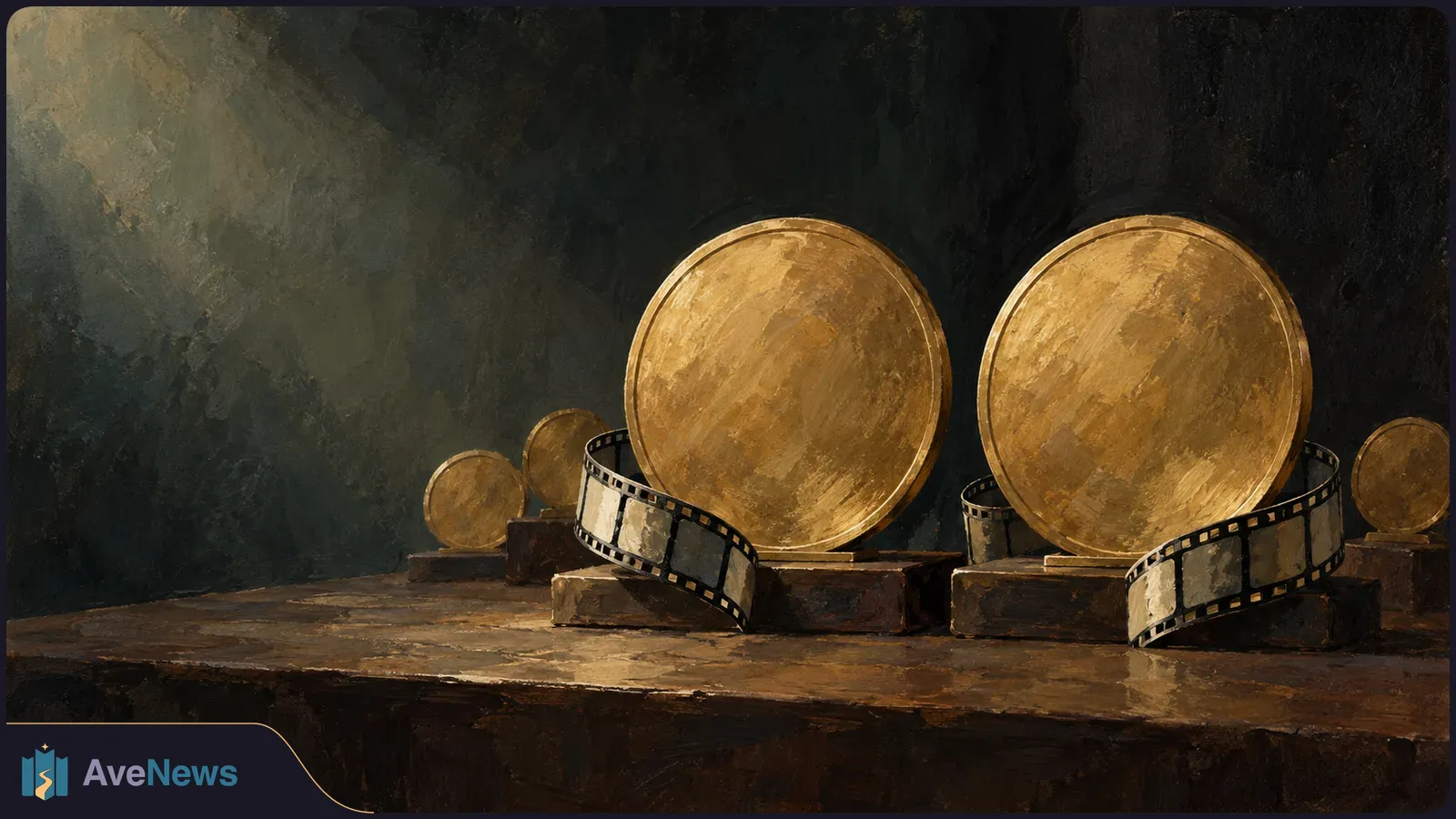 Painterly scene of two large gold discs on dark plinths, with curling film strips and smaller discs on a wooden surface. SI illustration