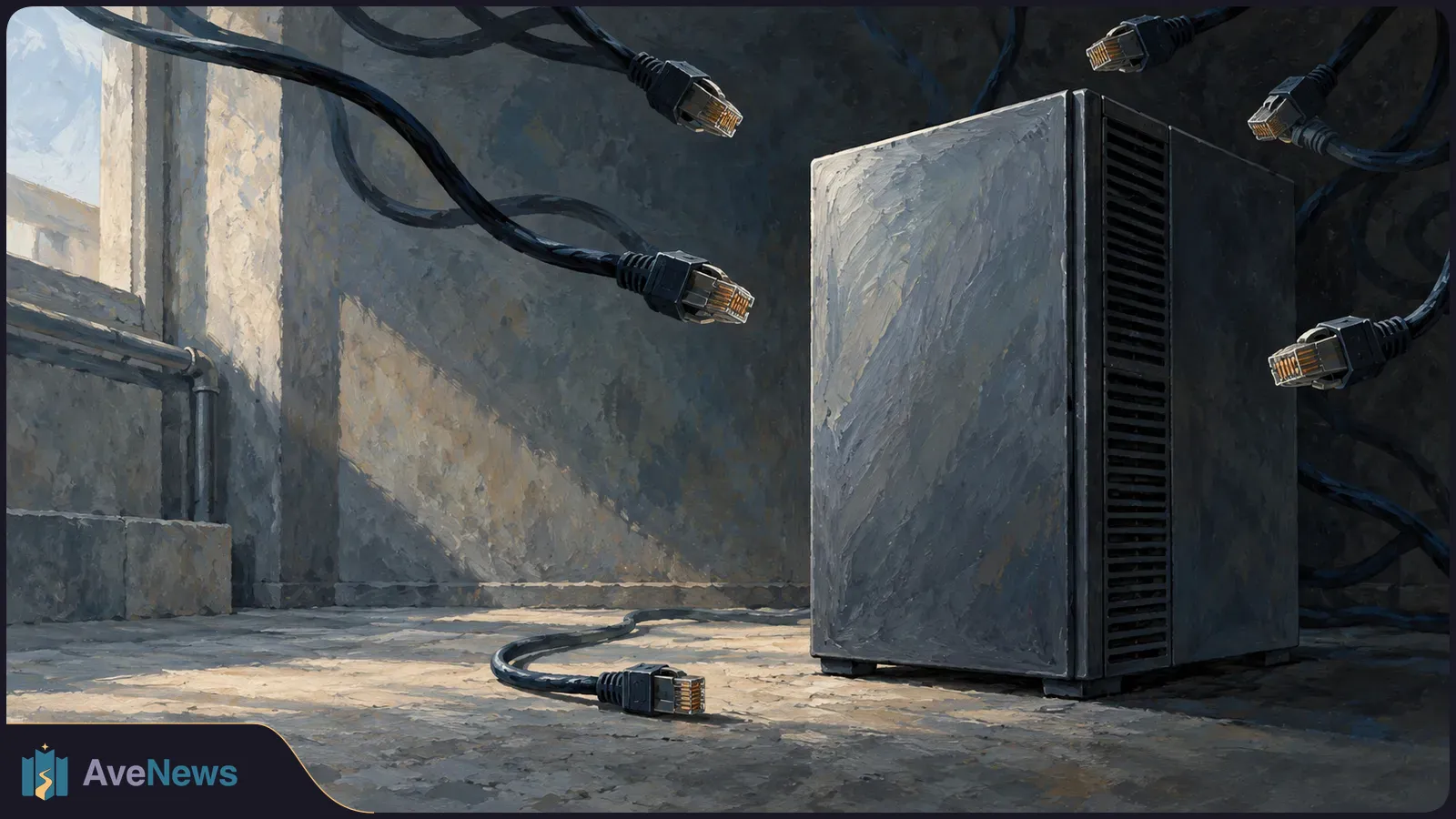 A painted illustration of a dark server tower beside a sunlit wall, surrounded by loose Ethernet cables with unplugged connectors. SI illustration