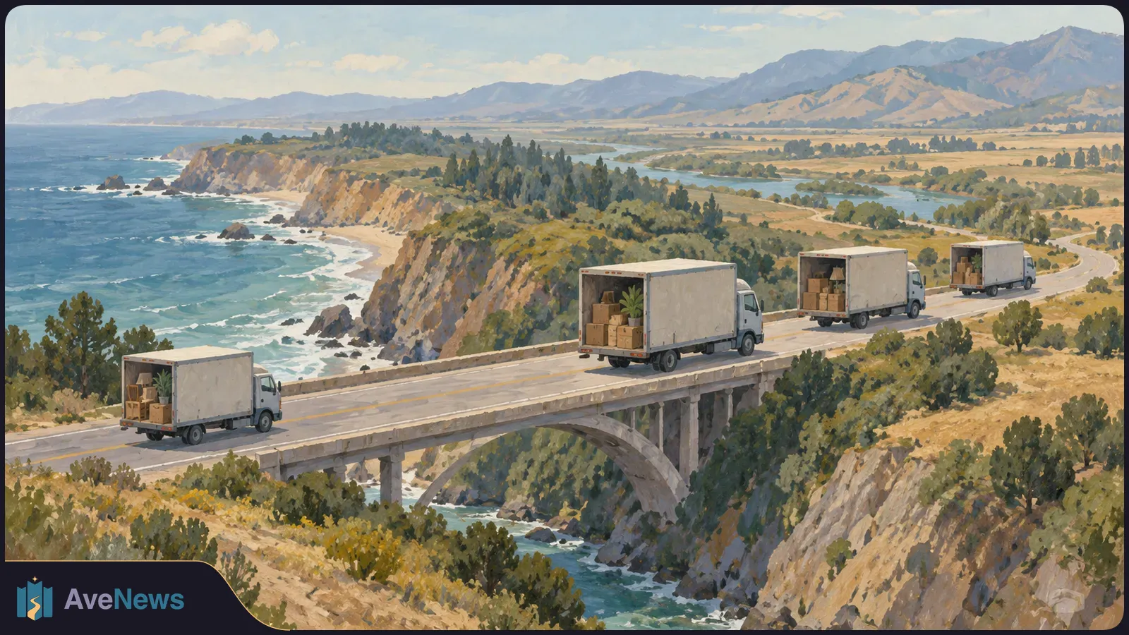 Four white moving trucks with boxes and plants in their open backs travel along a bridge above a rocky coast, with hills and mountains beyond. SI illustration