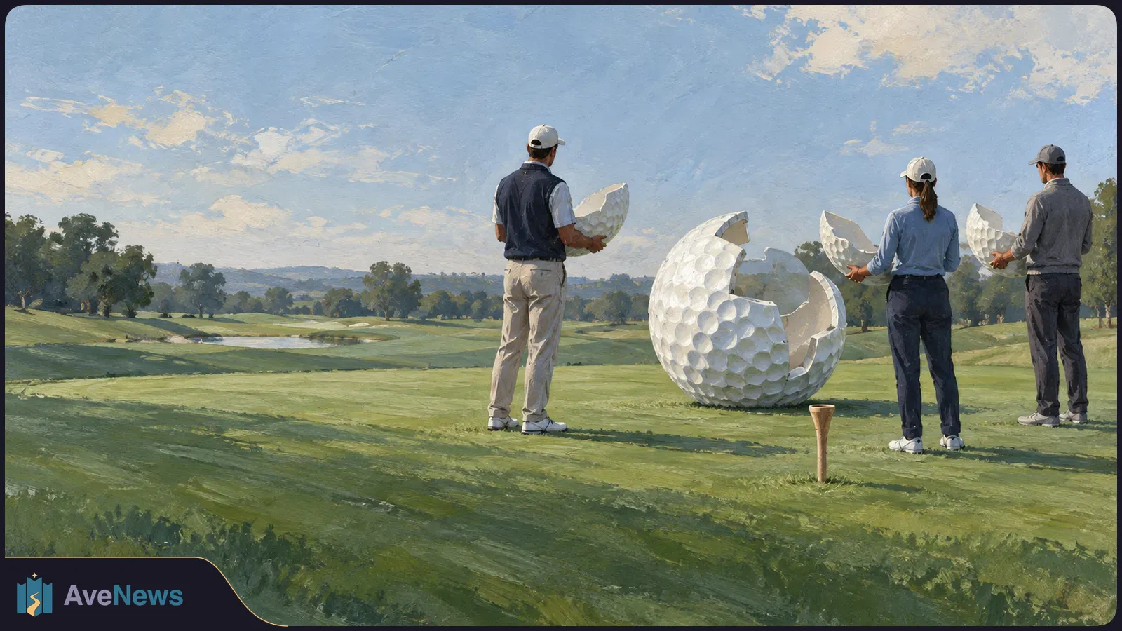 Three people in golf attire stand around a giant split golf ball on a painted fairway, holding some of its pieces. SI illustration