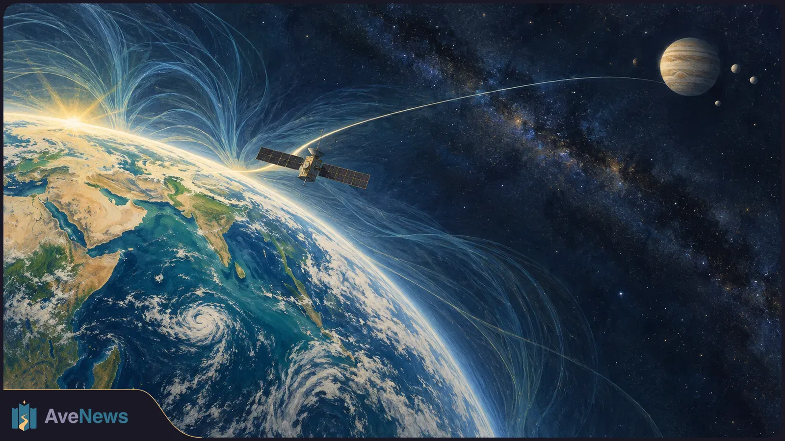 Illustration of a solar-panel spacecraft above Earth, with glowing arcs around the planet and a curved path toward Jupiter and its moons. SI illustration