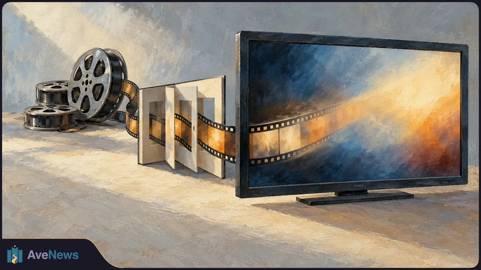 Painted film reels and a strip of film lead through upright panels toward a large screen glowing blue and gold. SI illustration