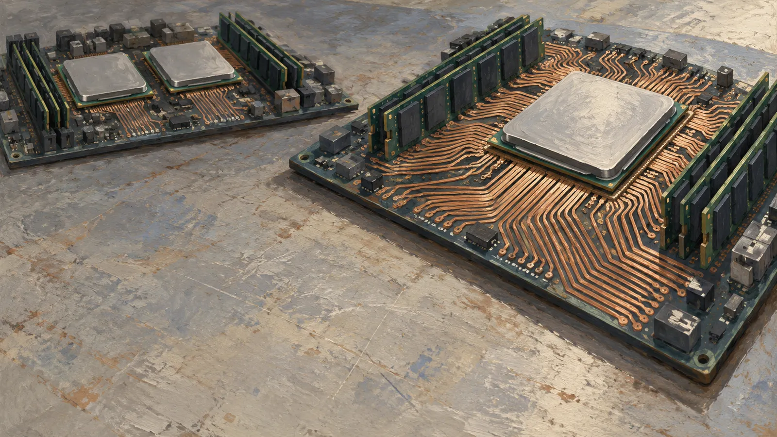 Two circuit boards with silver processors, upright memory modules and copper traces rest on a textured gray surface. SI illustration