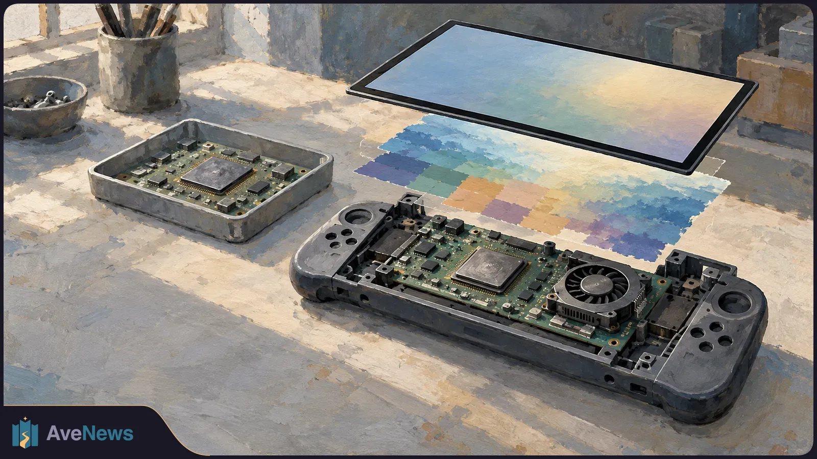 Painted illustration of a disassembled handheld gaming PC with exposed circuit boards and a cooling fan, beside a detached screen and patches of color. SI illustration