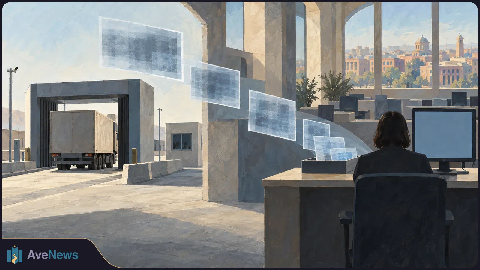 Painted scene of a truck entering an inspection portal. Beside it, a worker seen from behind sits at a blank monitor as translucent blue panels float toward the desk. SI illustration
