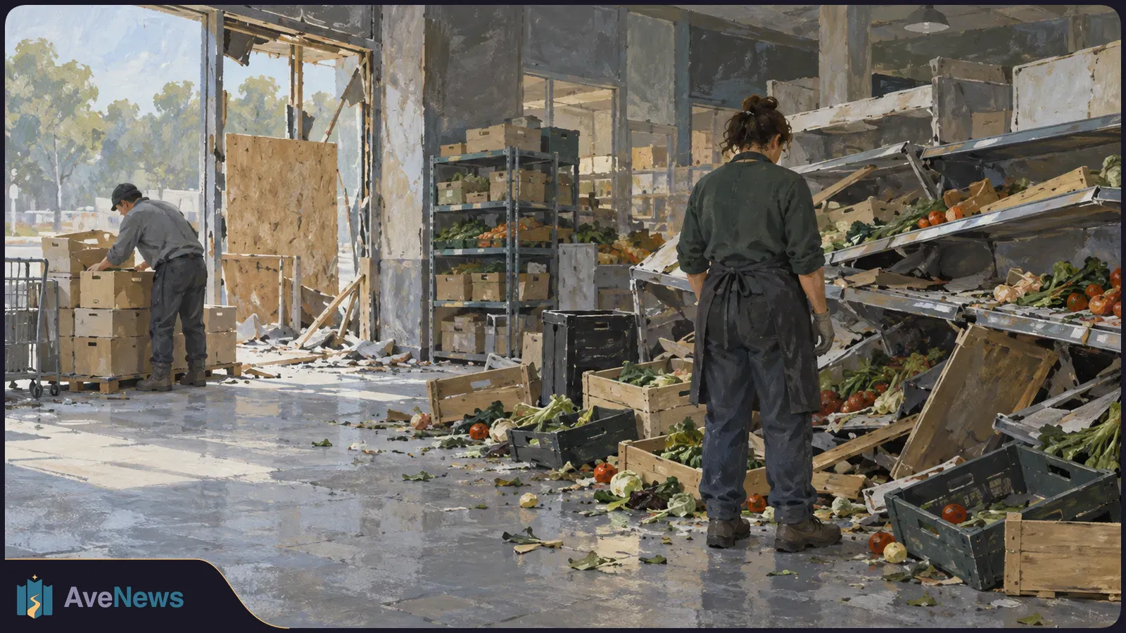 Painterly scene inside a damaged grocery store: two workers stand among toppled produce shelves, scattered vegetables, crates and debris. SI illustration