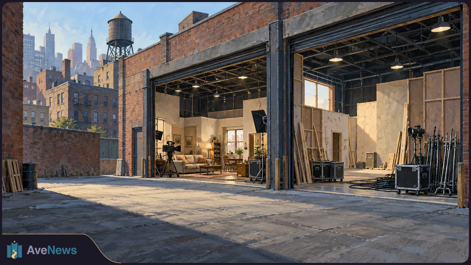 An illustrated brick film studio opens onto a courtyard, with a camera, lighting gear and a furnished set inside; a city skyline rises behind it. SI illustration