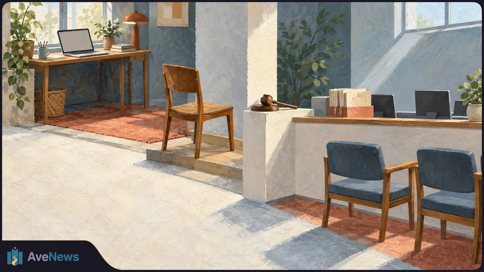 Painted office interior with a laptop on a desk, an empty chair, a gavel beside a reception counter, and two waiting chairs. SI illustration