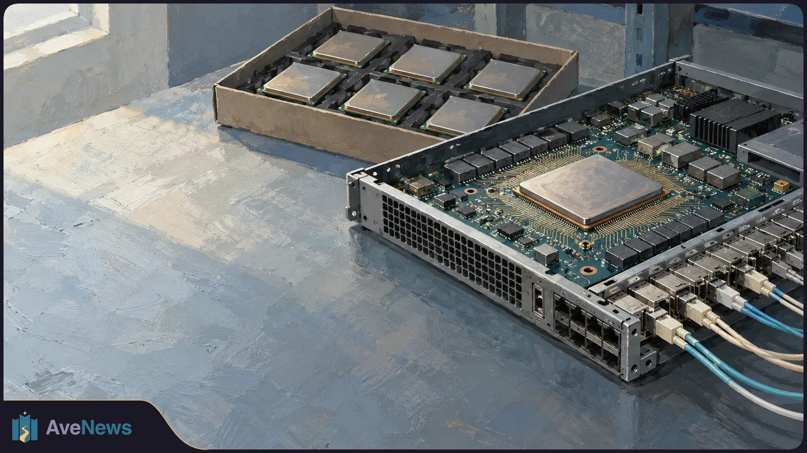 Painterly illustration of an open network switch with a large chip on its circuit board, fiber-optic cables plugged into its ports, and six chips in a tray behind it. SI illustration
