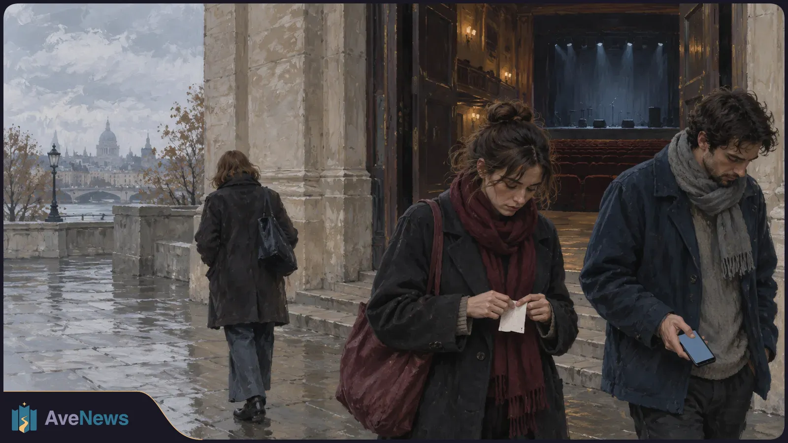 Painterly scene of three people outside a theater on a wet street; one holds a paper, another a phone, and an empty stage is visible through the doors. SI illustration