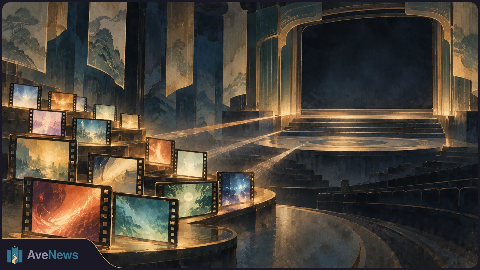 In a dark, ornate theater, glowing film frames showing colorful scenes line curved tiers beside an empty stage. SI illustration
