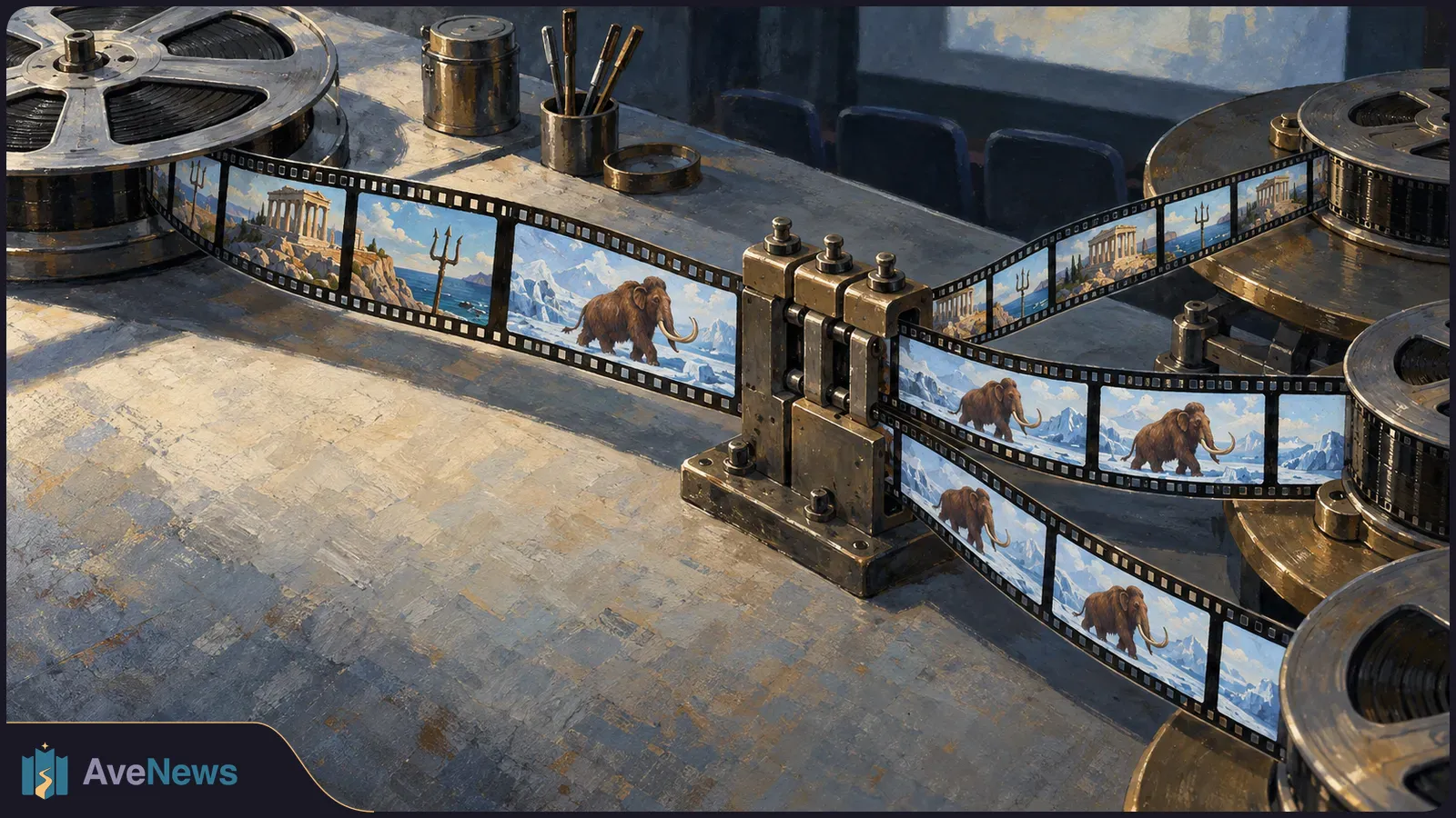 Film reels and strips spread across a tabletop, with frames showing a woolly mammoth in snow and a Greek temple beside a trident. SI illustration