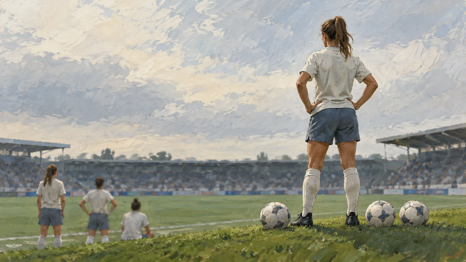A painted scene of a footballer standing beside three balls, looking toward three other players and a stadium pitch. SI illustration