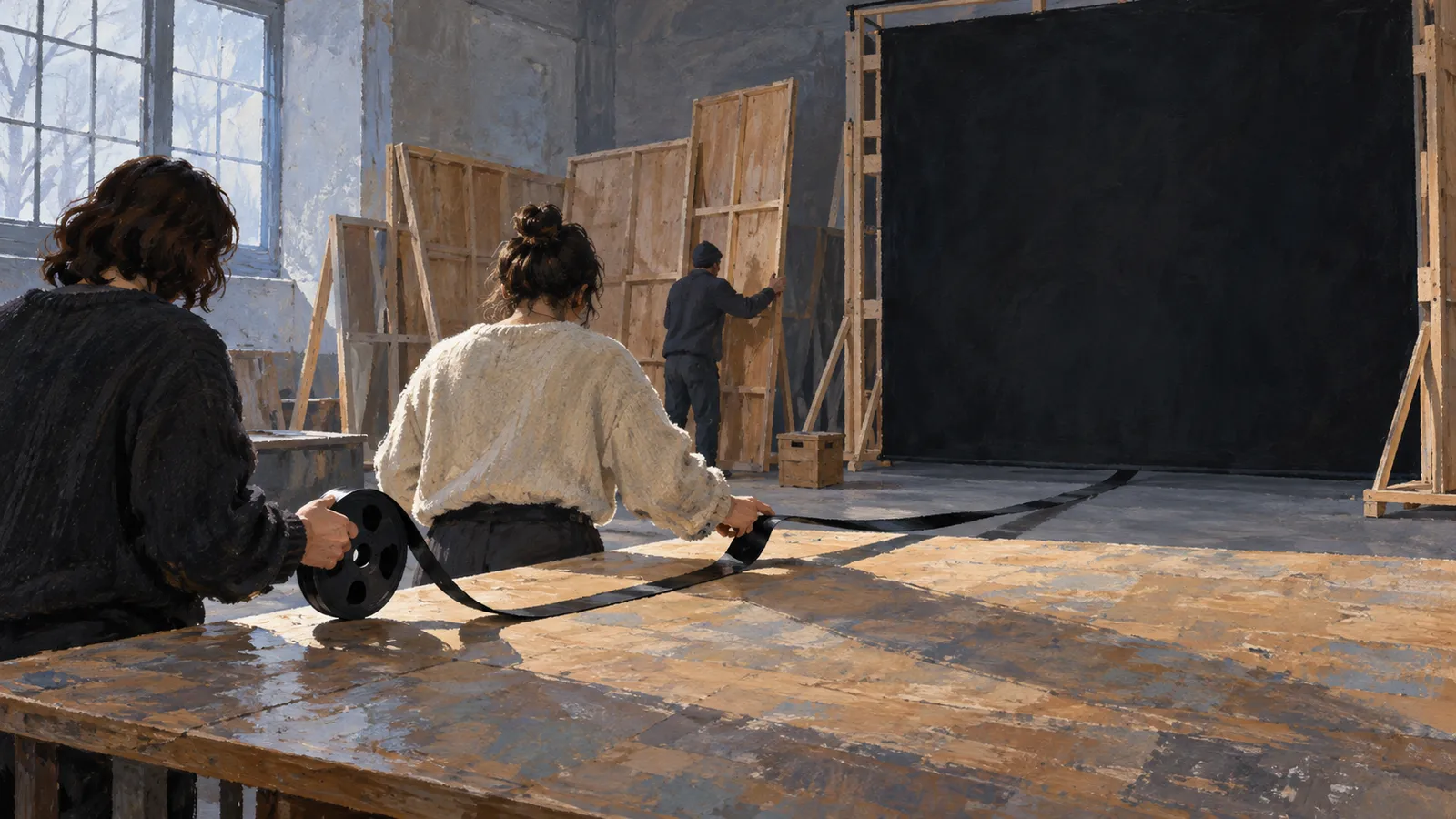 Two people unspool a strip from a reel across a worktable, while a third stands among wooden panels beside a large black backdrop. SI illustration