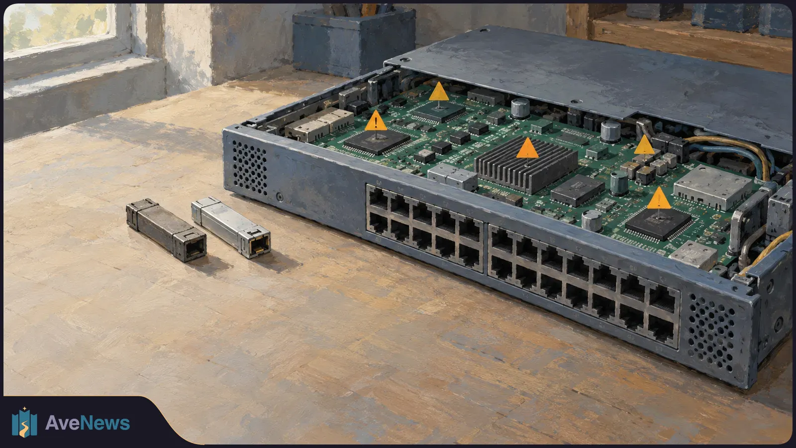 Painterly illustration of an opened network switch on a workbench, showing its circuit board and rows of ports. Five yellow warning triangles hover over components; two small modules lie beside it. SI illustration