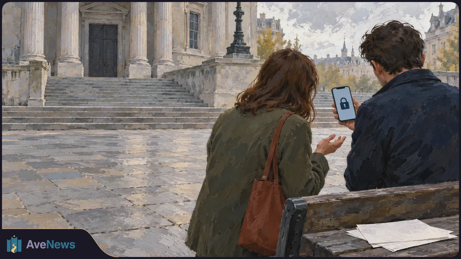 Illustration of two people seated on a bench by a stone courtyard and a columned building. One holds a phone showing a closed padlock; papers lie beside them. SI illustration