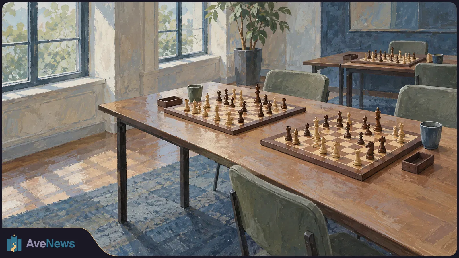 Painted chess room with three boards set with pieces on wooden tables, empty chairs, large windows and a potted tree. SI illustration