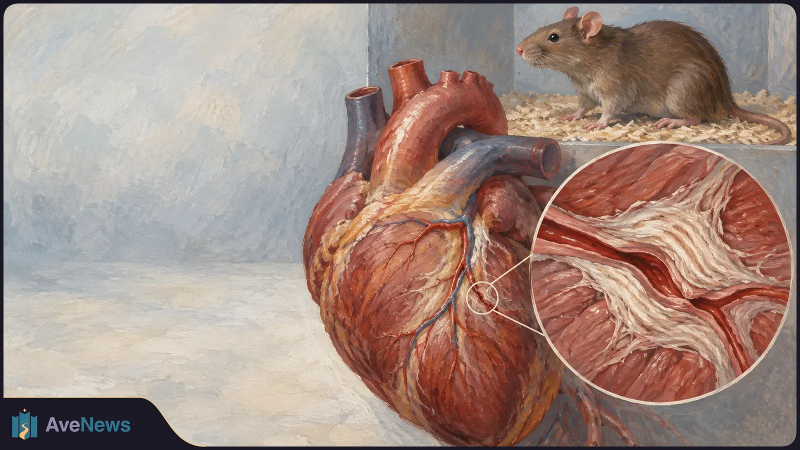 Painted illustration of a rat behind an anatomical heart, with a circular close-up showing pale fibrous tissue around a blood vessel. SI illustration