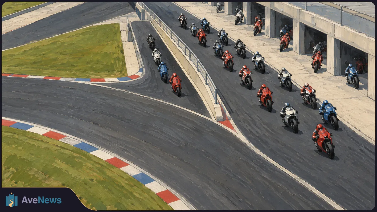 Painted aerial view of helmeted motorcycle riders on two separate lanes beside pit garages and a sweeping racetrack bend. SI illustration