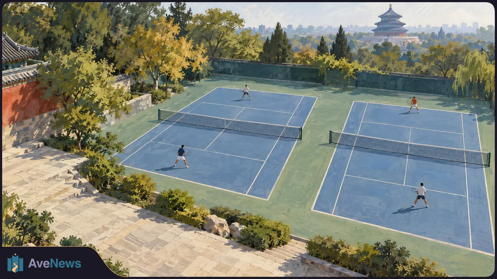 Painted view of four tennis players on two blue courts, with trees and stone steps nearby and a tiered Chinese-style building in the distance. SI illustration