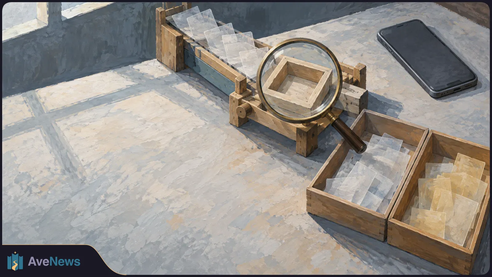 Painted illustration of a magnifying glass over a wooden mechanism holding translucent slips, with two trays of slips and a dark phone nearby. SI illustration