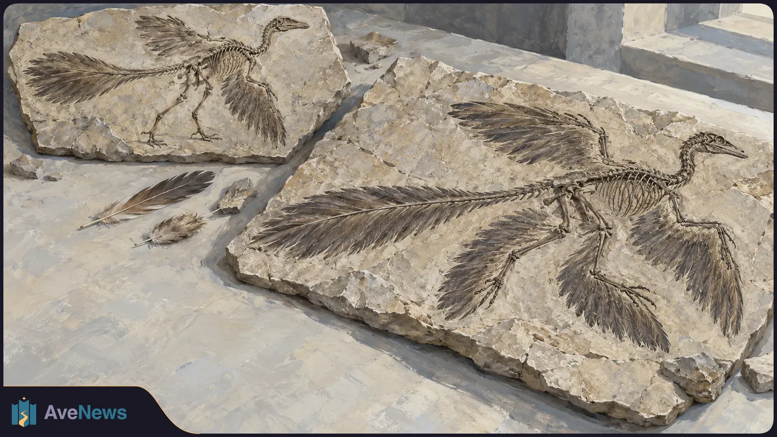 Illustration of two stone slabs bearing feathered dinosaur skeletons with spread wings and long tails, with two loose feathers between them. SI illustration