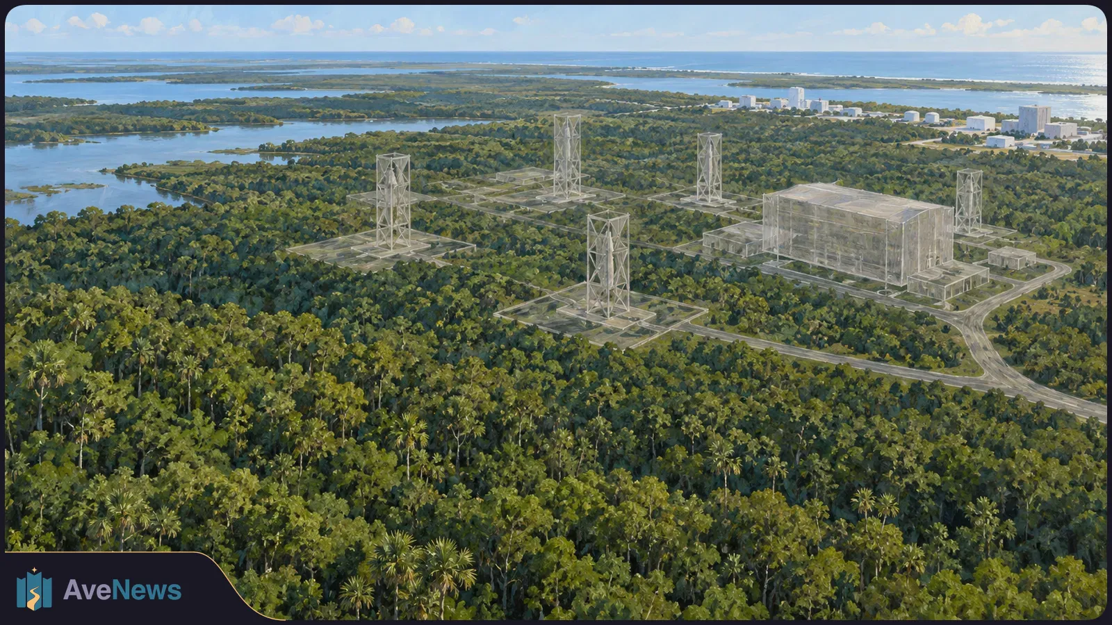 Illustrated aerial view of a forested coastal area, with waterways, roads and pale translucent outlines of towers and buildings among the trees. SI illustration