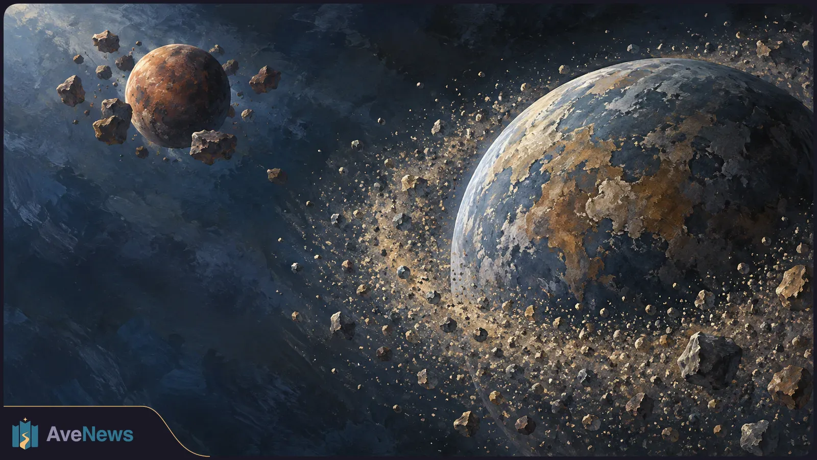 An illustrated Earth-like planet and a smaller rust-colored planet surrounded by drifting pebbles and larger rocks against dark space. SI illustration