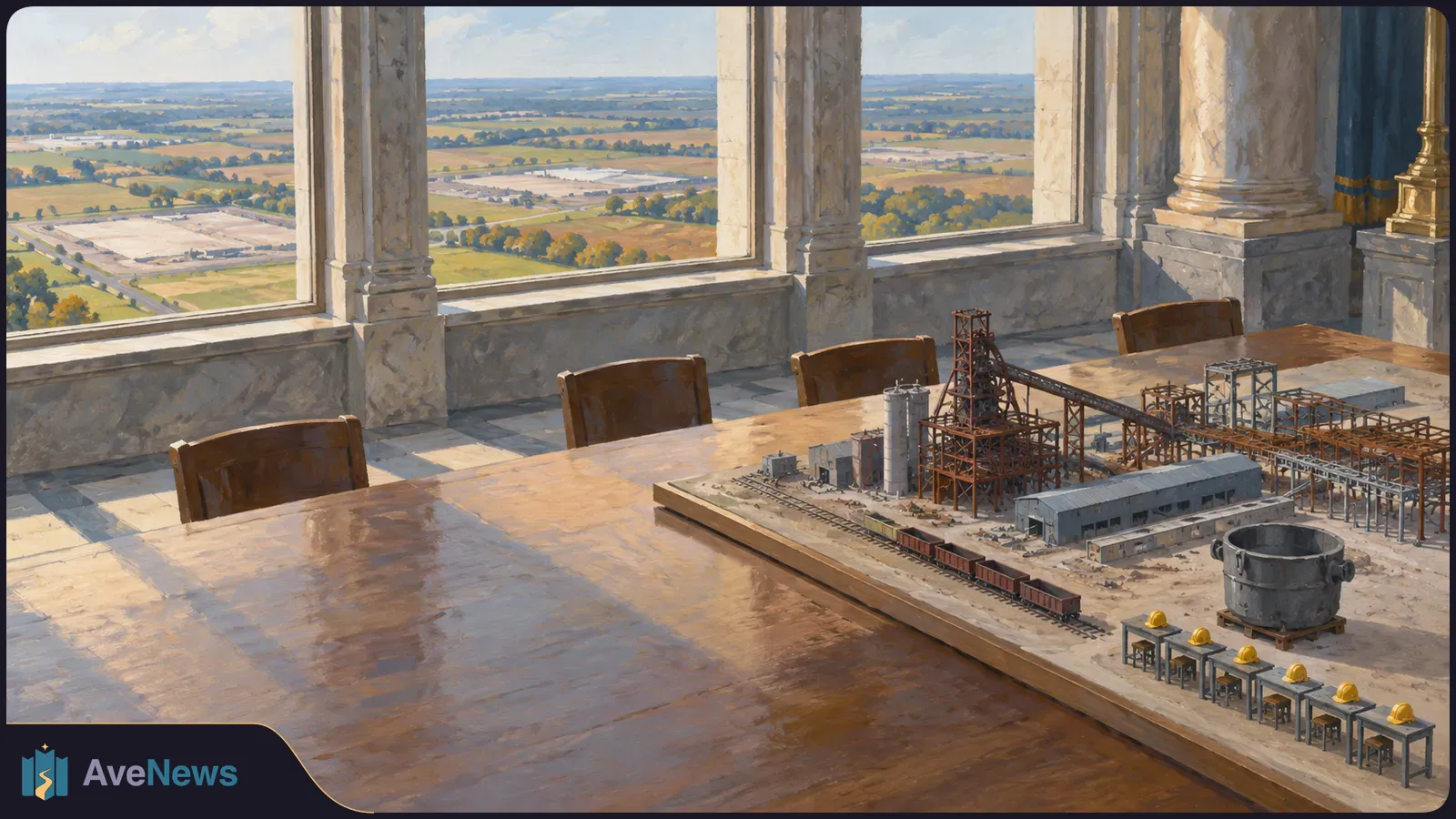A painted steelworks model with railcars and yellow hard hats sits on a large table in a columned room overlooking farmland. SI illustration