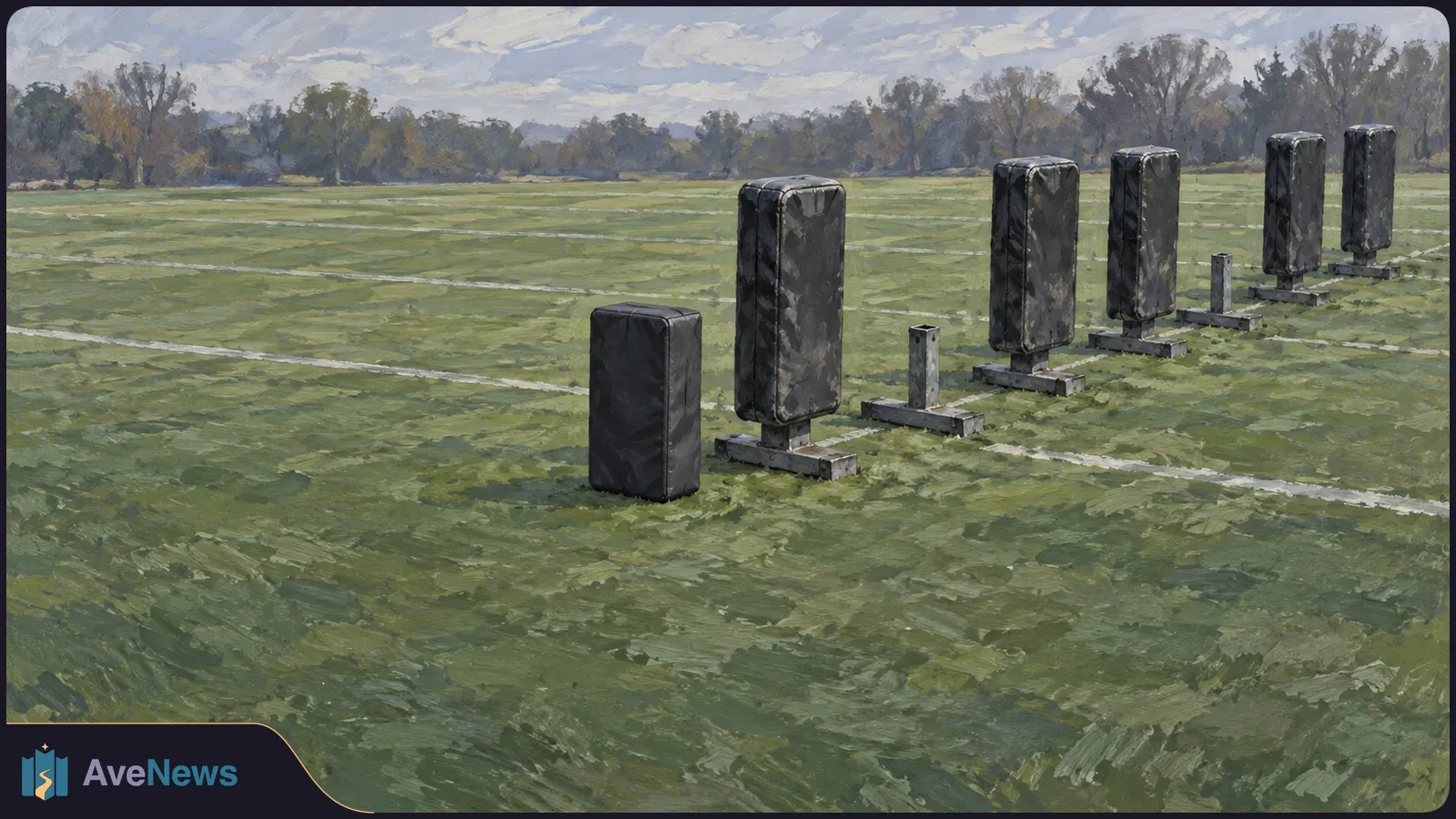 A painted football field with a row of black padded practice dummies and two bare metal posts, with trees in the distance. SI illustration