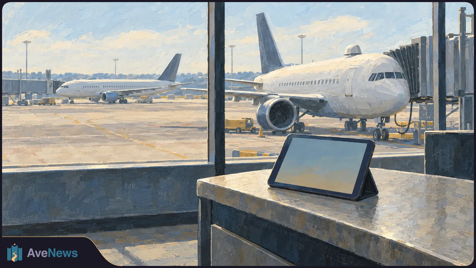 Painted airport terminal view: a blank tablet rests on a counter beside a window overlooking two passenger jets, one parked at a gate. SI illustration