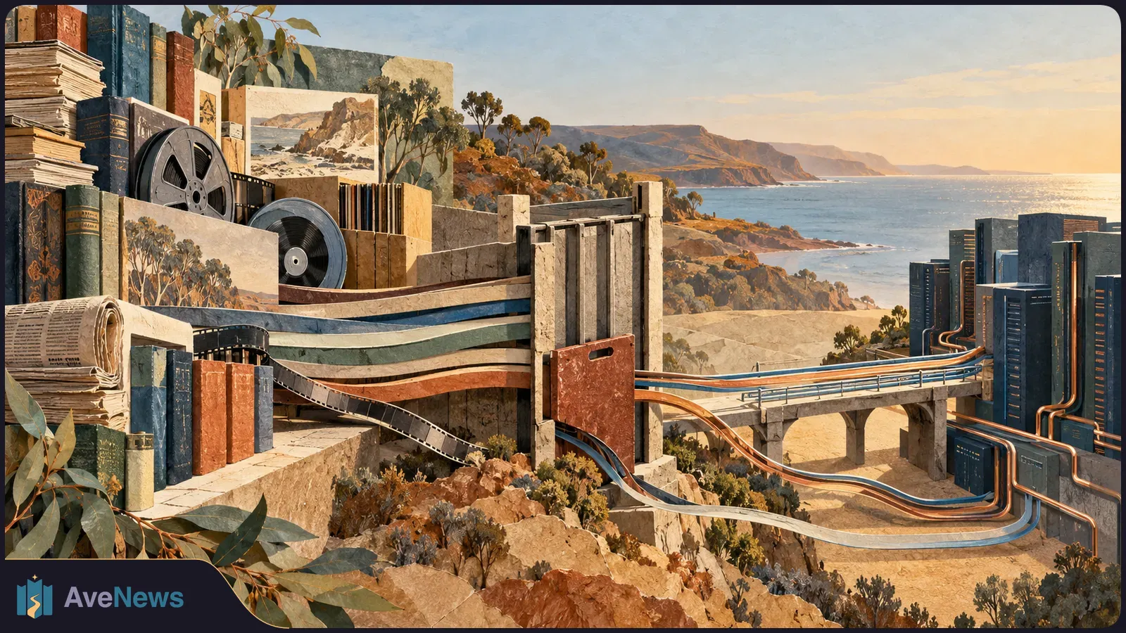 Illustration of books, newspapers, a film reel and a record beside a coastal landscape, with colored ribbons running past a gate toward server racks. SI illustration