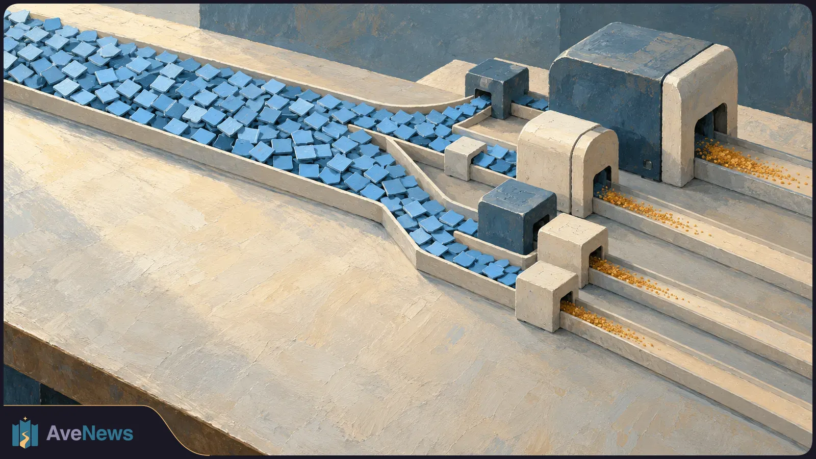 A conveyor of blue square tiles branches into lanes that pass through blocky gray machines, with sparse gold pellets emerging on the other side. SI illustration