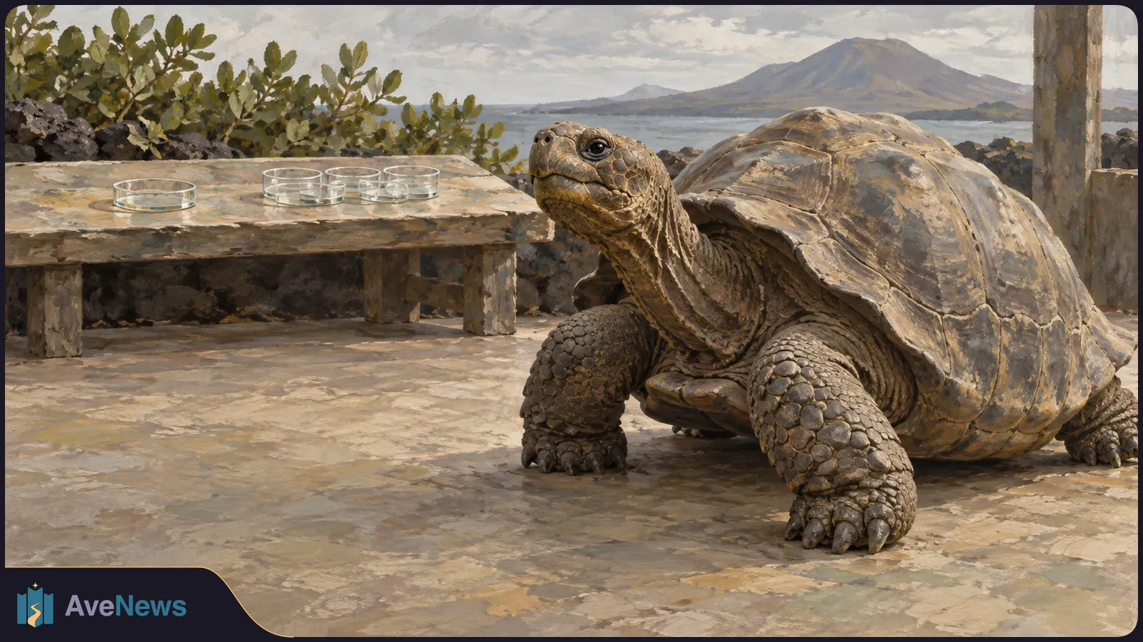 A giant tortoise on a stone terrace beside a table with four shallow glass dishes, with the sea and a mountain behind it. SI illustration