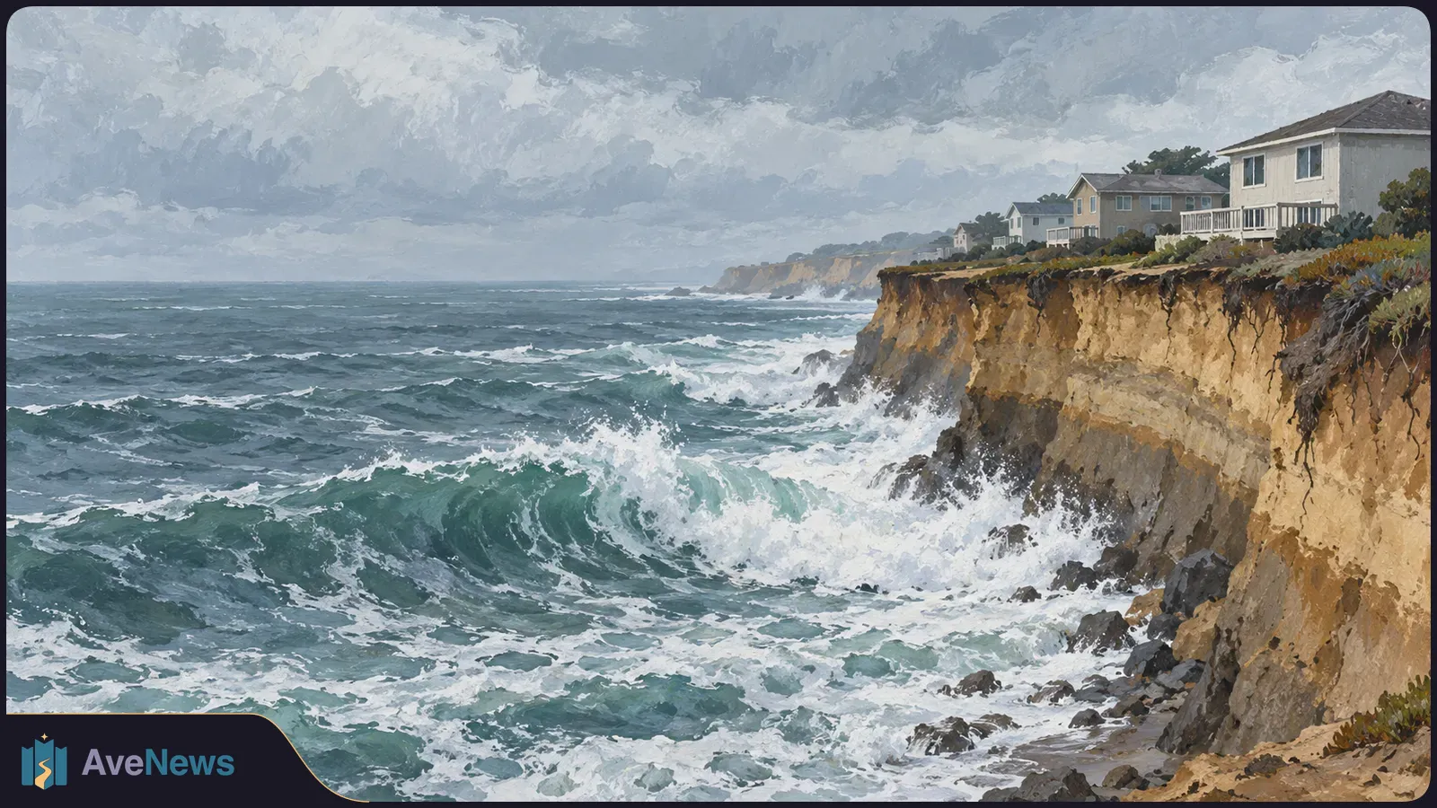 Painted coastal scene of large waves crashing against an eroded cliff, with houses close to its edge beneath a cloudy sky. SI illustration