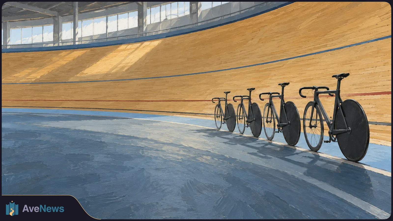 Four black track bicycles stand beside the steep wooden track of an empty indoor velodrome, with a blue apron and daylight from high windows. SI illustration