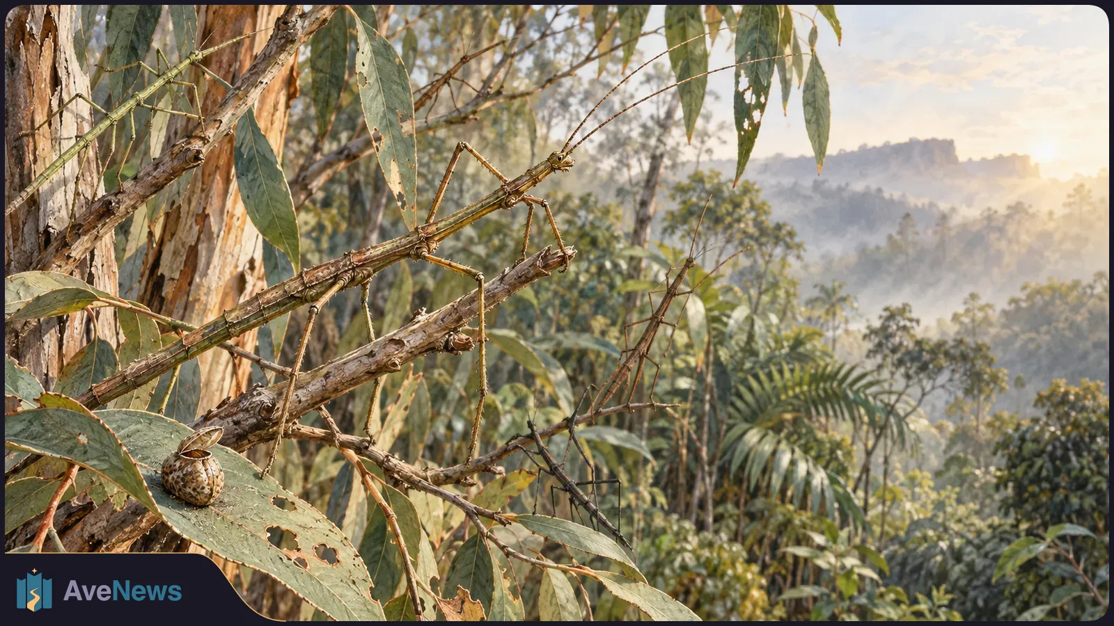A large stick insect blends into branches and long leaves, with a smaller one nearby and a speckled round object below. A sunlit forest fills the background. SI illustration