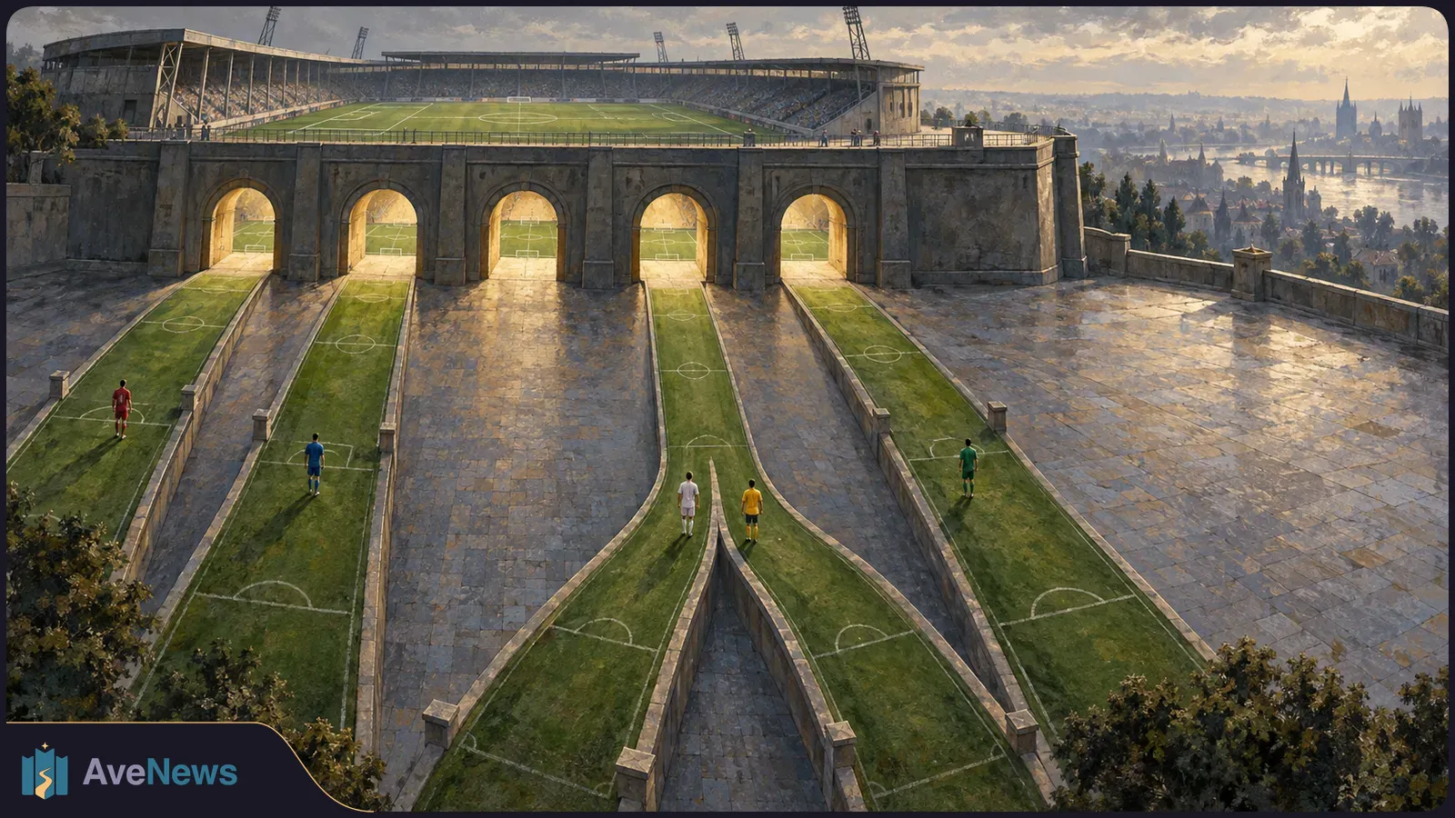 Five footballers stand on narrow, branching grass pitches leading through stone arches toward a stadium, with a city beyond. SI illustration