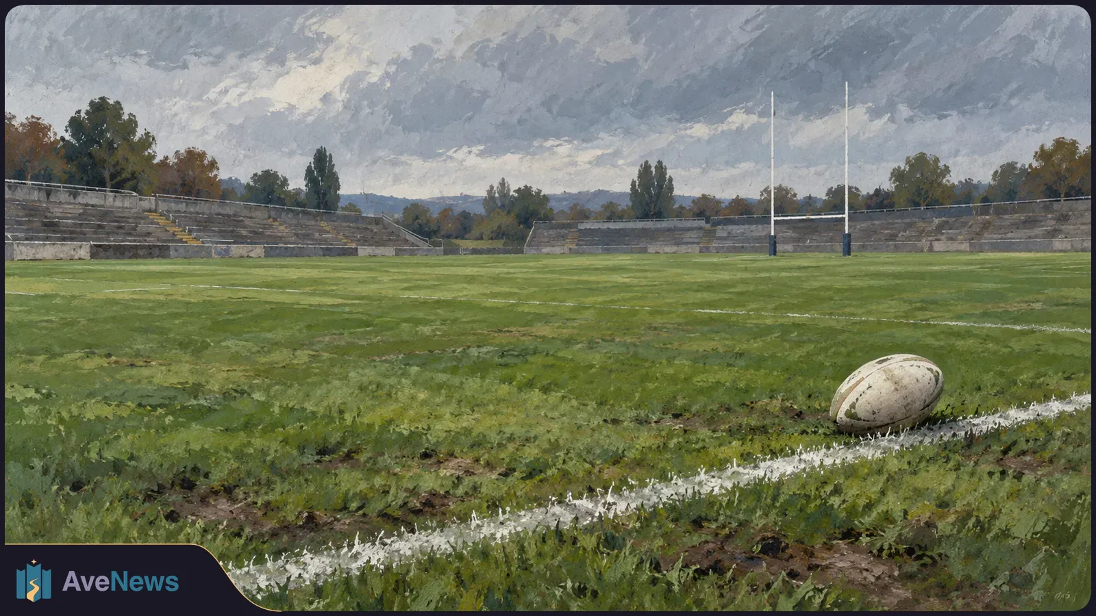 Painted rugby field with a worn ball beside a white sideline, empty concrete stands and goalposts beneath a cloudy sky. SI illustration