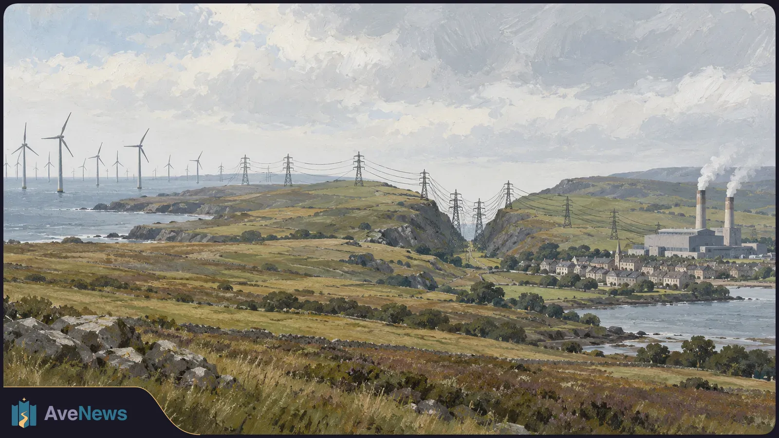 Painted coastal landscape with offshore wind turbines, transmission lines crossing hills, and a smoking power plant beside a village. SI illustration