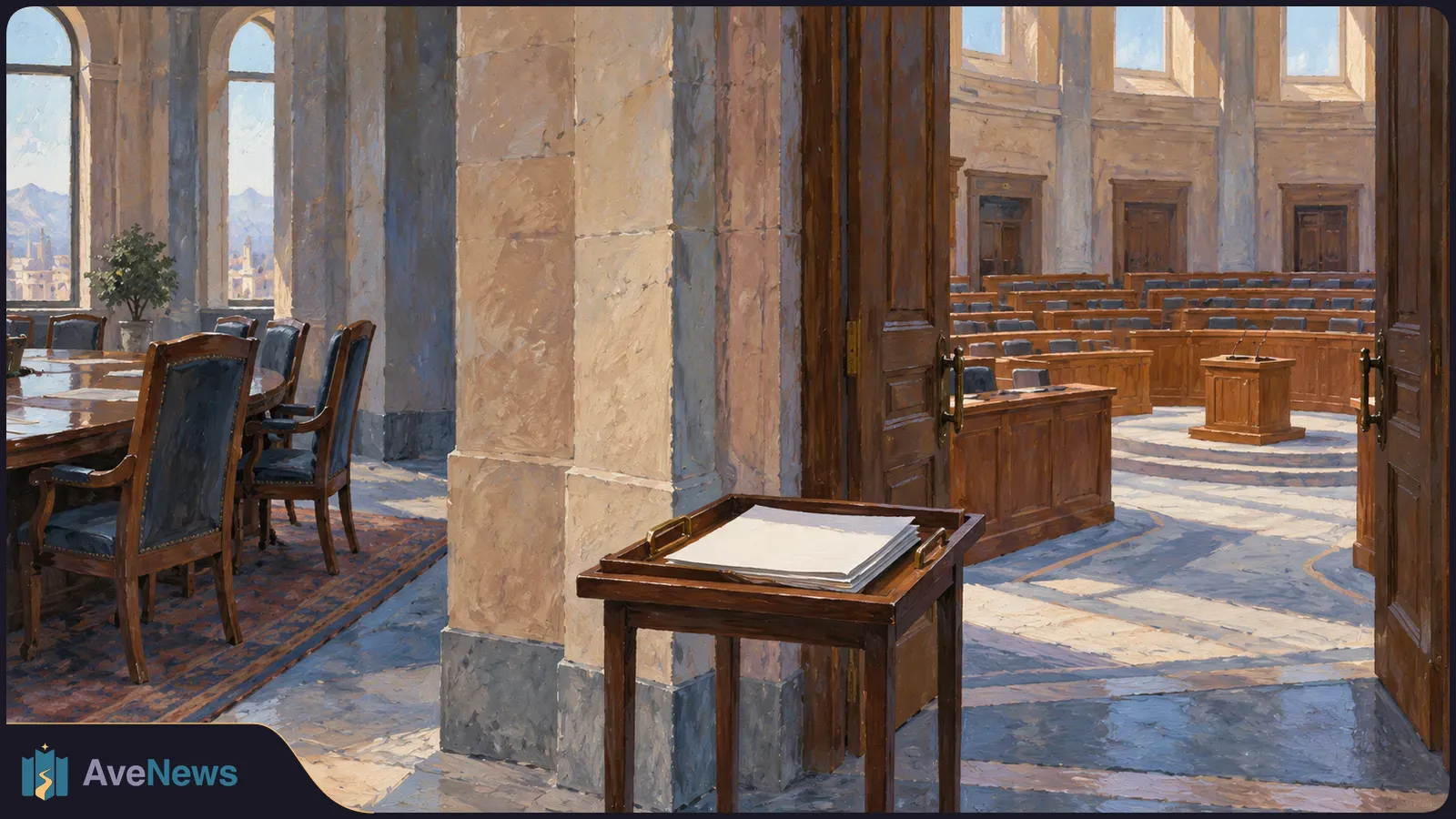 Painted view of blank papers on a wooden stand by the doorway to an empty chamber with curved rows of desks; a meeting room is on the left. SI illustration