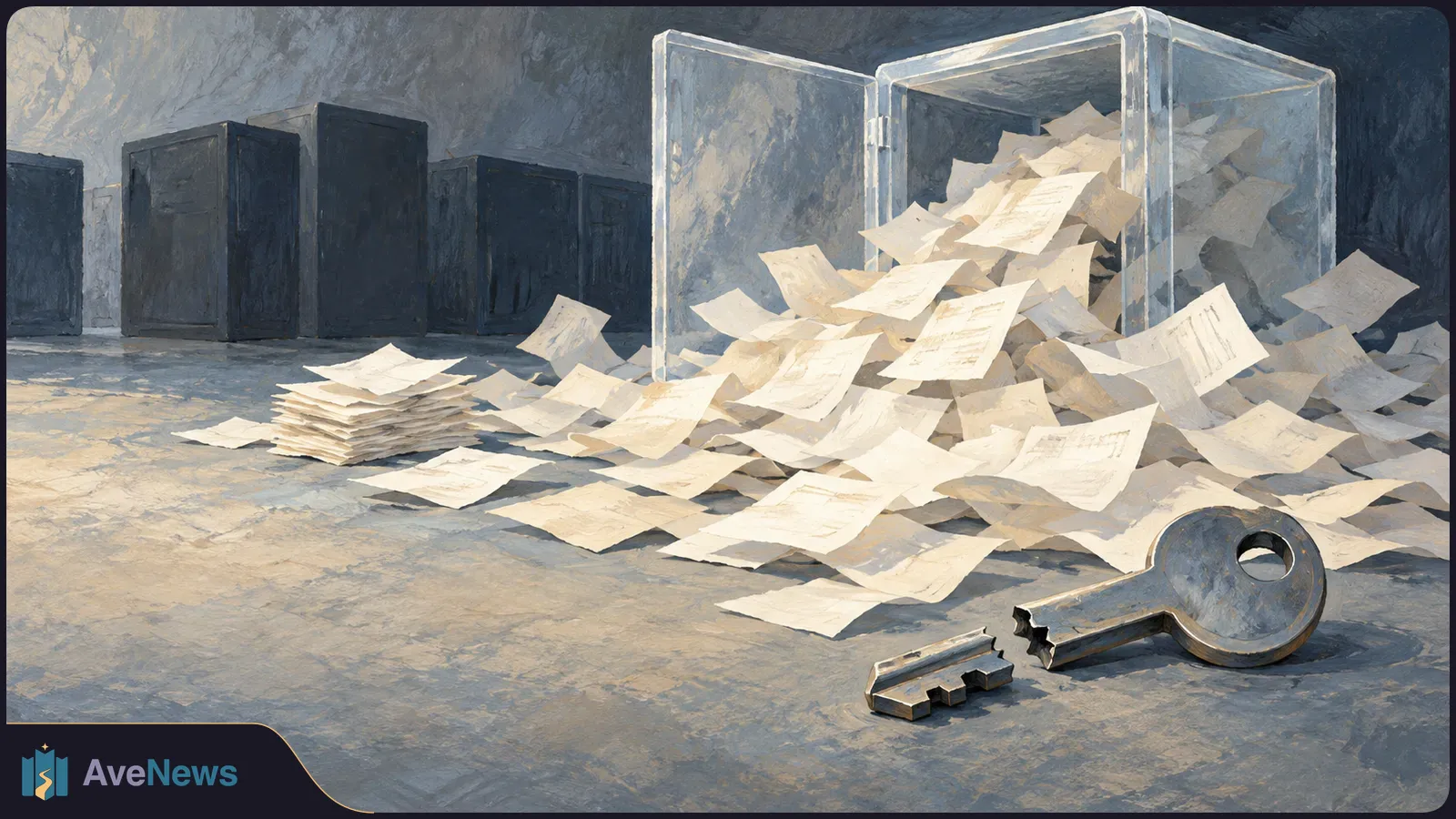 An open transparent cabinet spills papers across the floor. A broken metal key lies in front, with dark cabinets in the background. SI illustration