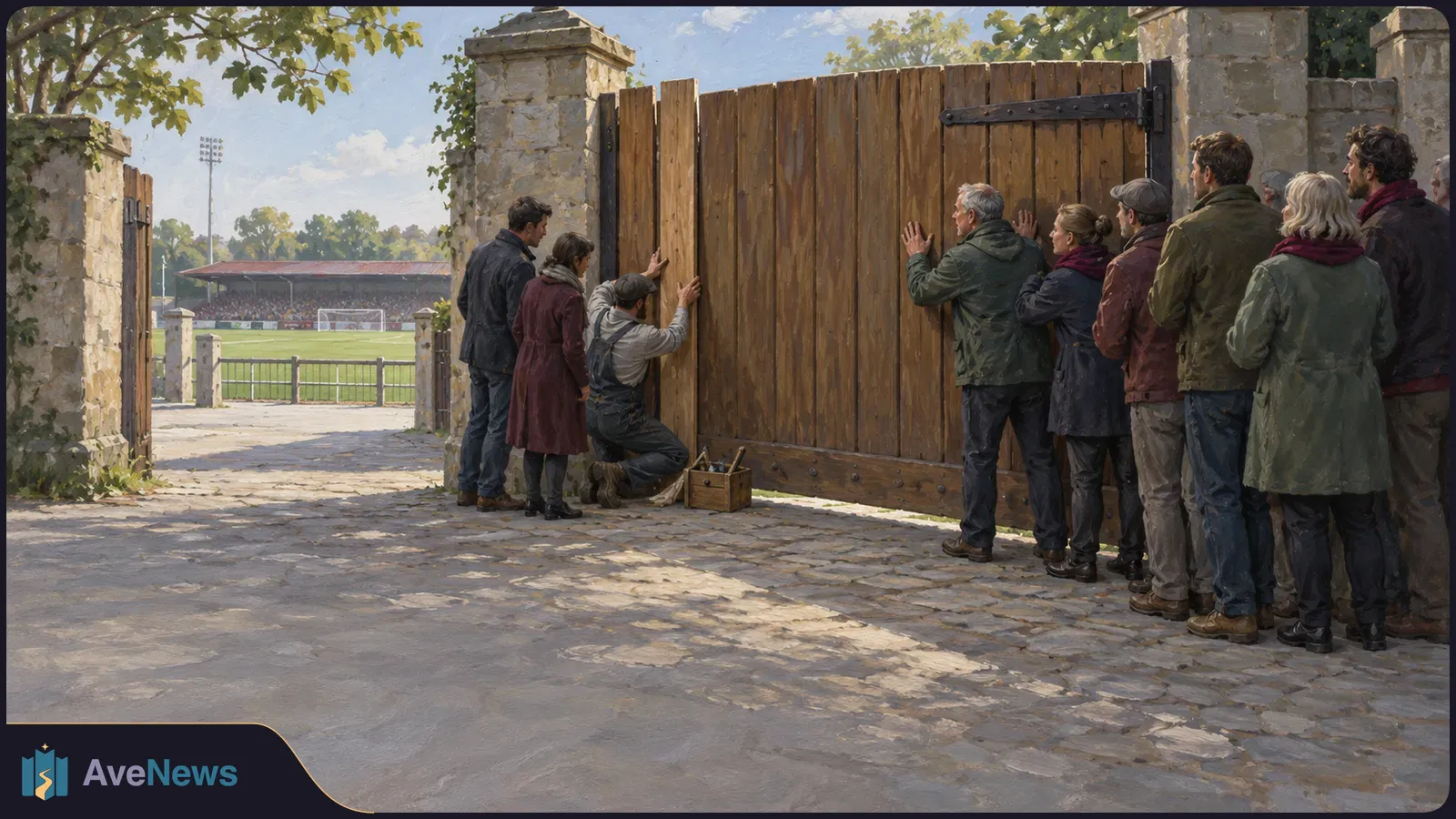 Illustration of a group of adults gathered around a large wooden gate beside a football pitch, with one person kneeling at its base. SI illustration