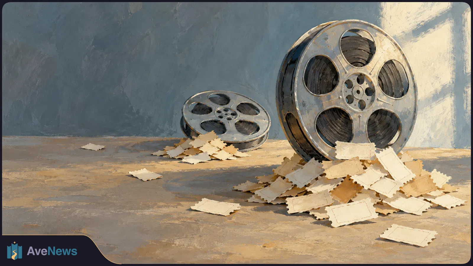 Illustration of two metal film reels on a tabletop, with piles of blank ticket stubs scattered around them. SI illustration