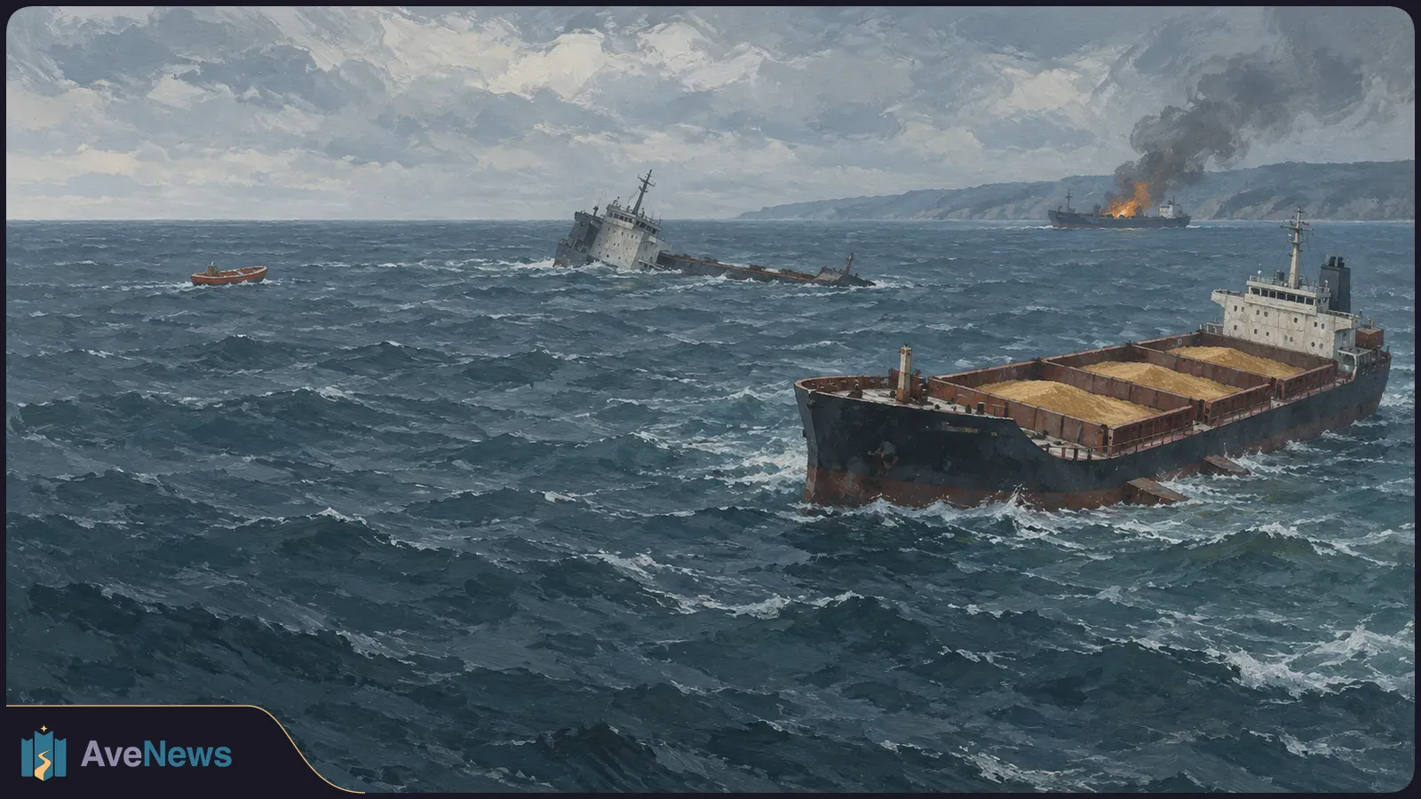 Painted stormy sea with a grain-filled cargo ship in the foreground, a listing ship sinking farther out, a burning vessel near shore, and a small boat at left. SI illustration
